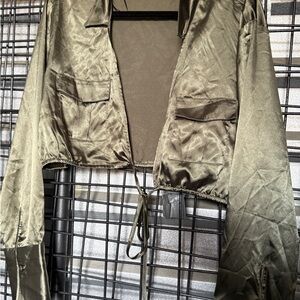 H&M Olive Satin Cropped top Drawstring cropped silky xl extra large A6